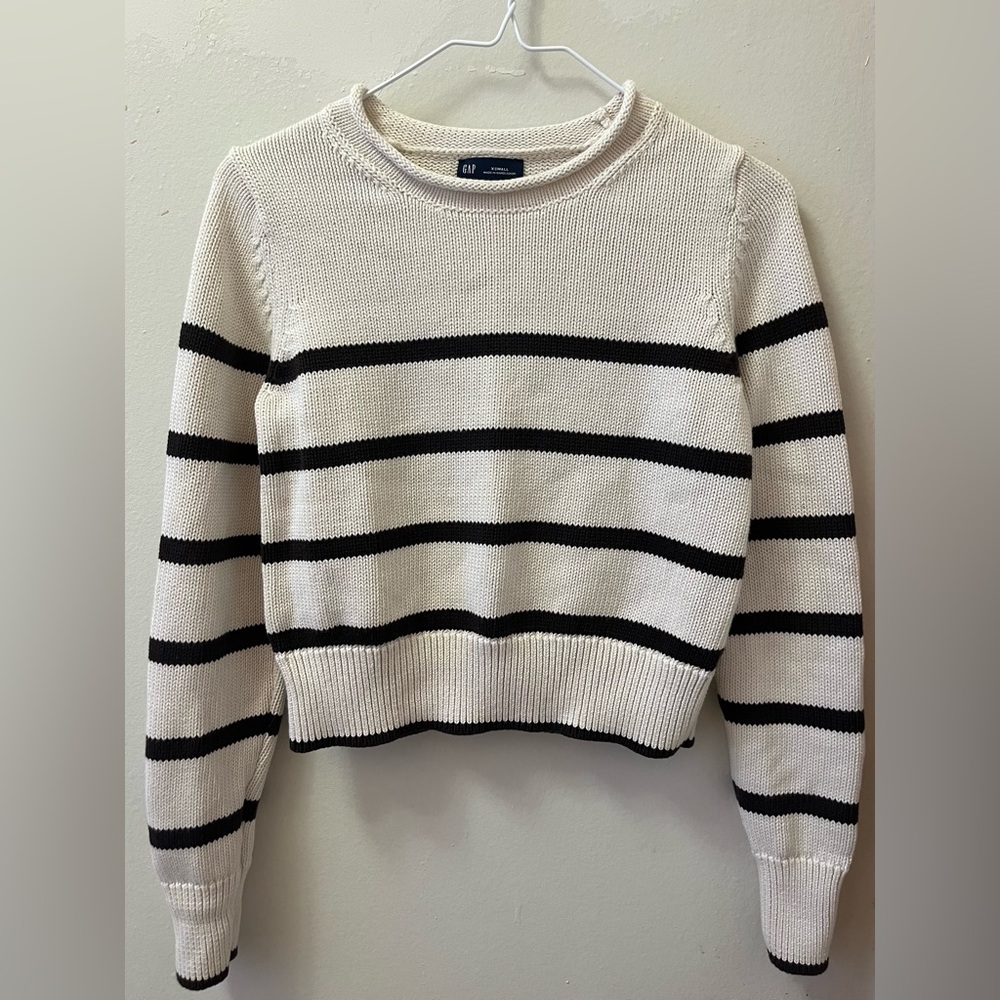 GAP 100% Cotton Shrunken Roll Neck Sweater Cream & Brown Striped (Size XS)